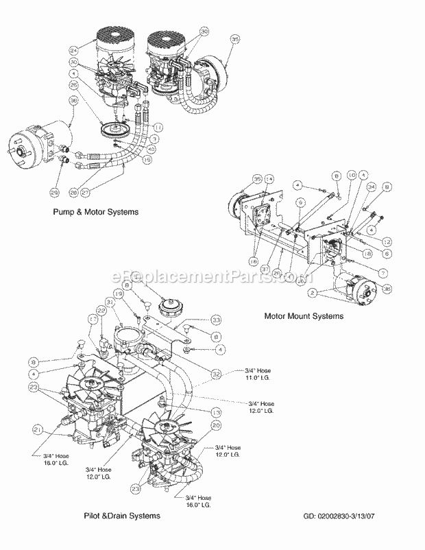 Hydro Hose & Pump Assembly Diagram and Parts List for M72-KW 53AI8CTZ750-37HP-OHV Cub Cadet Lawn Tractor